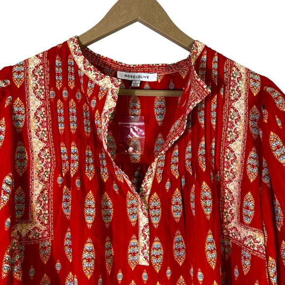 Rose + Olive Paisley Print Peasant Top Womens L Red Hippie Boho Cottagecore - Picture 3 of 7